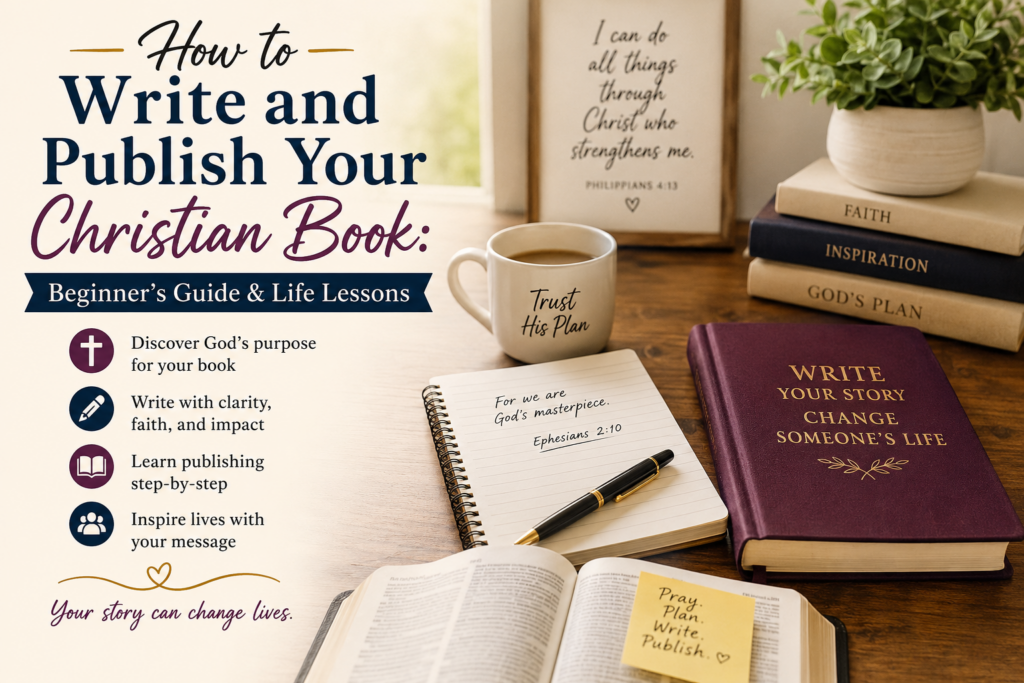 Christian author writing and publishing a faith-based book with beginner publishing guidance and inspirational life lessons